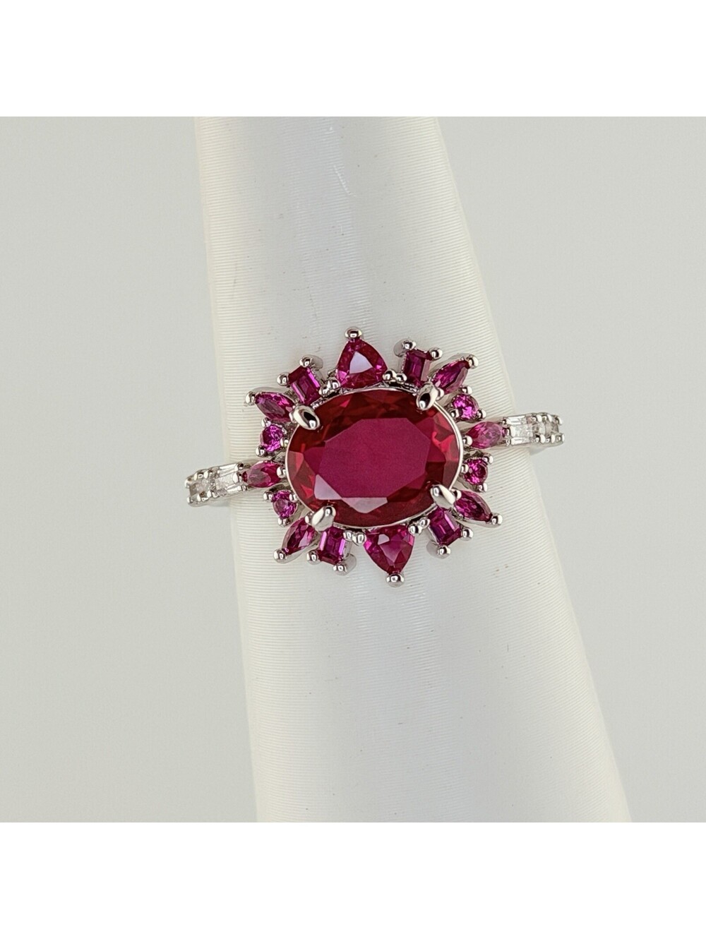 Bomb Party July Ring Sz 9 "The Hannah Ring" Lab Created Ruby on Rhodium